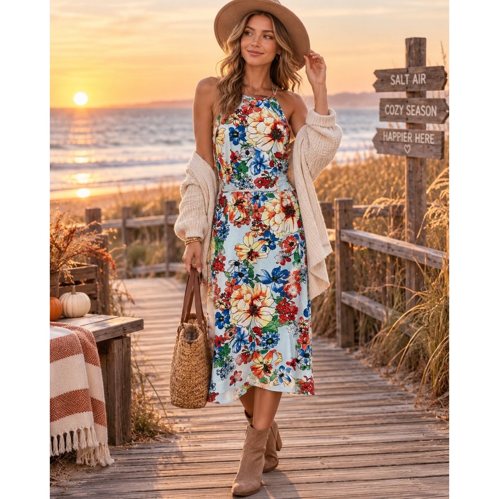 Floral Midi Dress Womens 2 Blue Halter Wedding Guest Garden Party Coastal